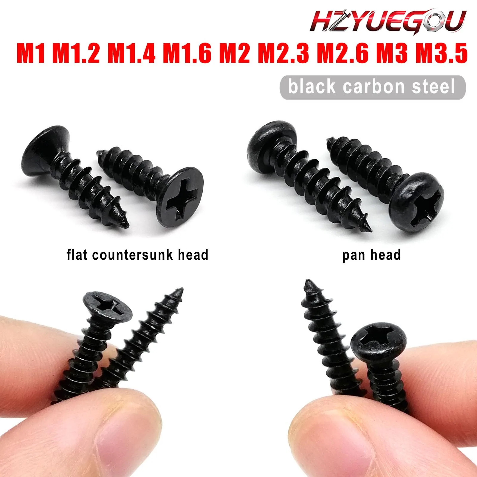 HZYUEGOU 100 Stück M1 M1.2 M1.4 M1.7 M2 M2.6 M3 Schwarze Stahl-Phillips-Senkkopfschrauben mit Kreuzschlitz und Rundkopf, selbstschneidende Holzschrauben