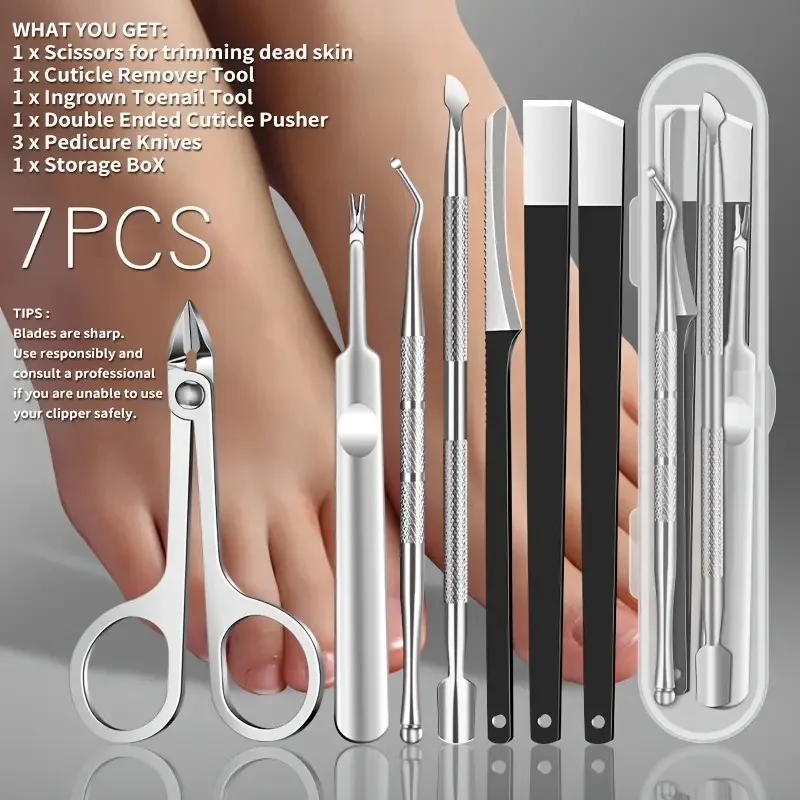 7PCS 전문 페디큐어 키트, 스테인레스 스틸 발 관리 도구, 큐티클 제거제, ..