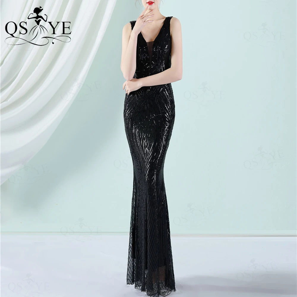 black formal gown Pattern Lace Black Evening Dresses Mermaid Sequin Prom Gown V neck Sleeveless Party Gown Open Low Back Fitted Black Formal Dress black evening dresses