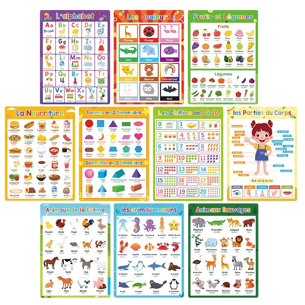 French English Bilingual Words Learning A4 Posters Charts for Kids Kindergarten Classroom Decoration Teacher Teaching Aids 10Pcs 3