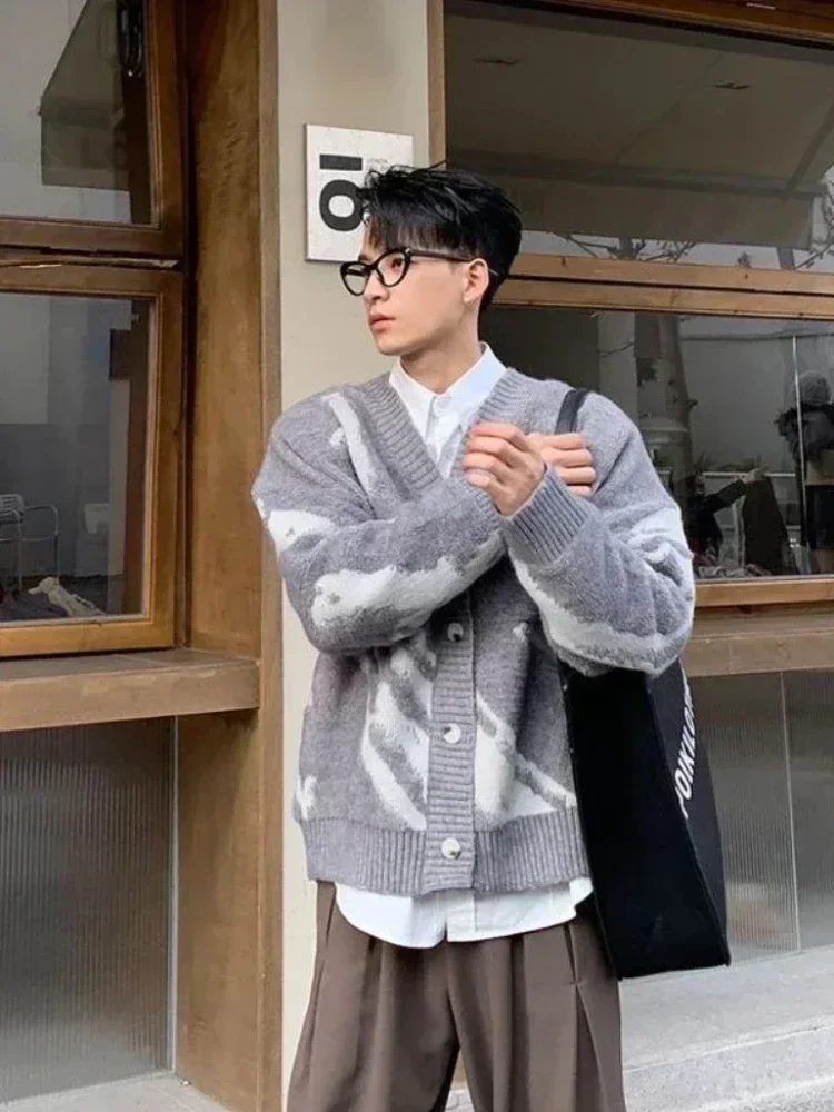 Men's Clothing V Neck Fleeced Black Knit Sweater Male Aesthetic