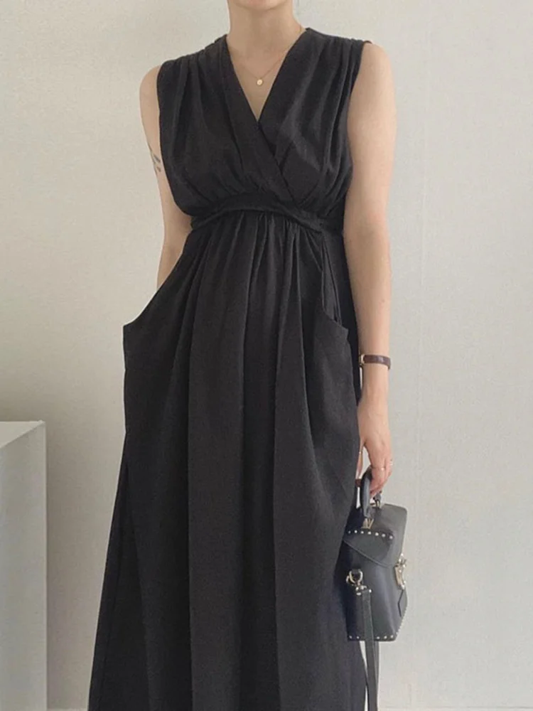 

Женское прямое платье без рукавов, однотонное Плиссированное Платье с V-образным вырезом и карманами, модель B875 на лето, 2022