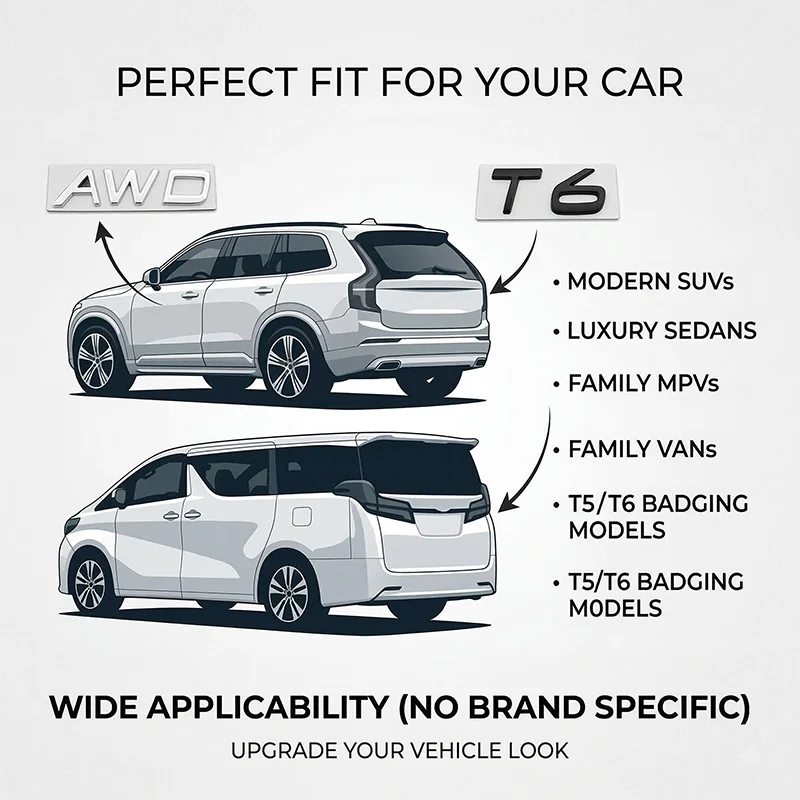 3D 메탈 T5 T6 AWD 자동차 트렁크 엠블럼 배지 레터 로고 데칼 볼보 XC60 XC90 S60 S90 블랙 크롬 액세서리 교체품