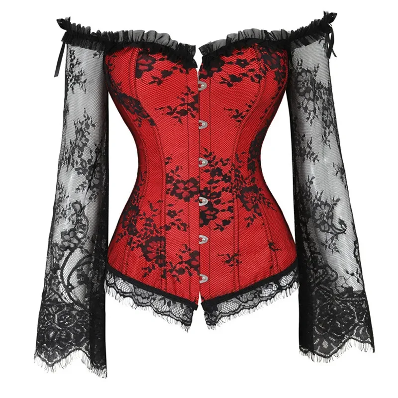 Corset Tops for Women Sexy Lace Off Shoulder Sleeves Vintage Style Victorian Retro Burlesque Overbust Bustier Vest Fashion