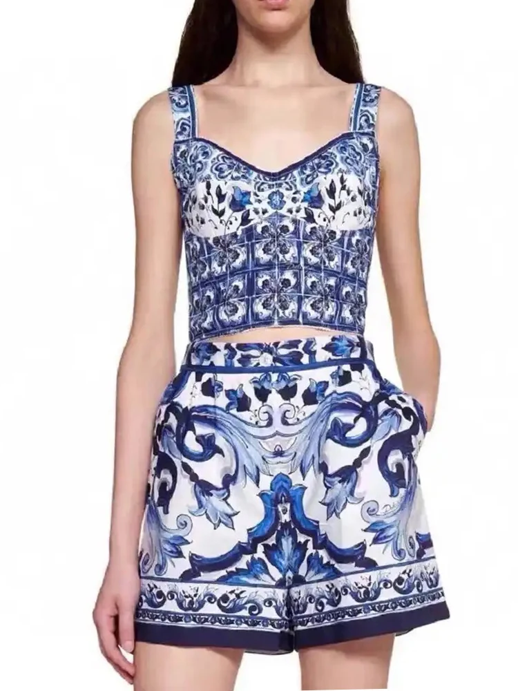 

Retro summer new blue and white porcelain camisole top+high waist casual shorts ladies cotton fashion two-piece women's clothing