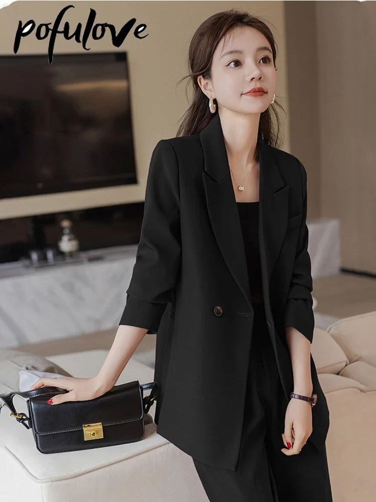 Suit Set Women Solid Color Business Wear Korean Formal Pants Suit Office  Set Casual Blazer and Wide Leg Pants Two Piece Set - AliExpress