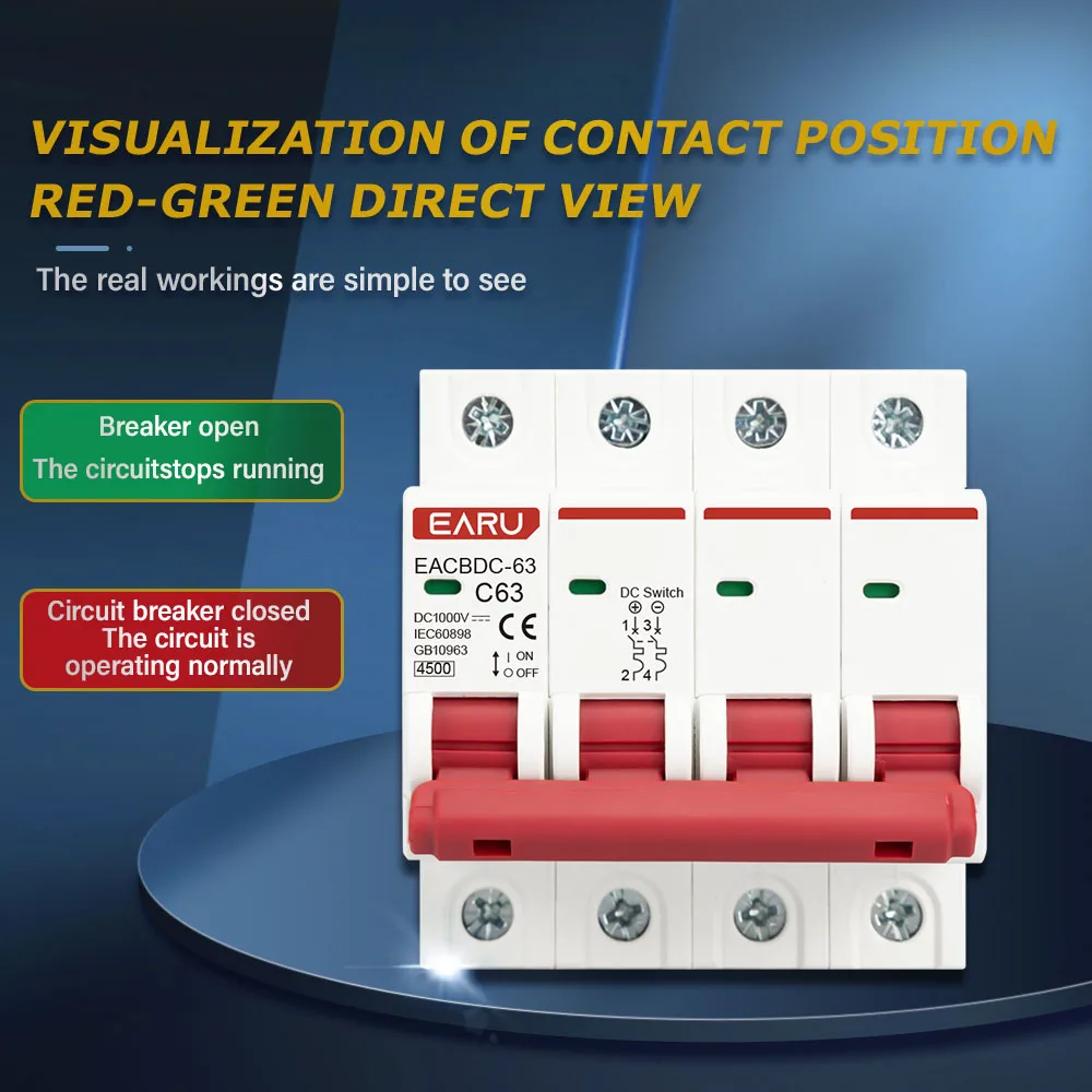 DC 1000V 1P 2P 3P 4P Solar Mini Circuit Breaker Overload Protection Switch6A~63A