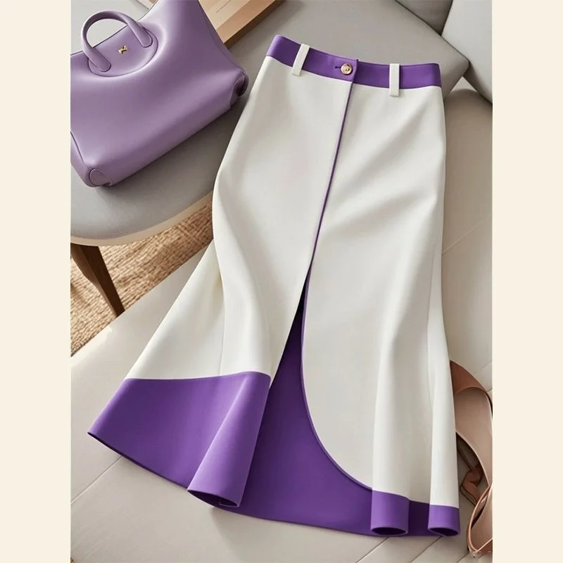 Fashion Contrast Color Midi Skirt Autumn New Women Elastic High Waist Slim A-Line Skirt Elegant Patchwork Office Lady Jupe 475P
