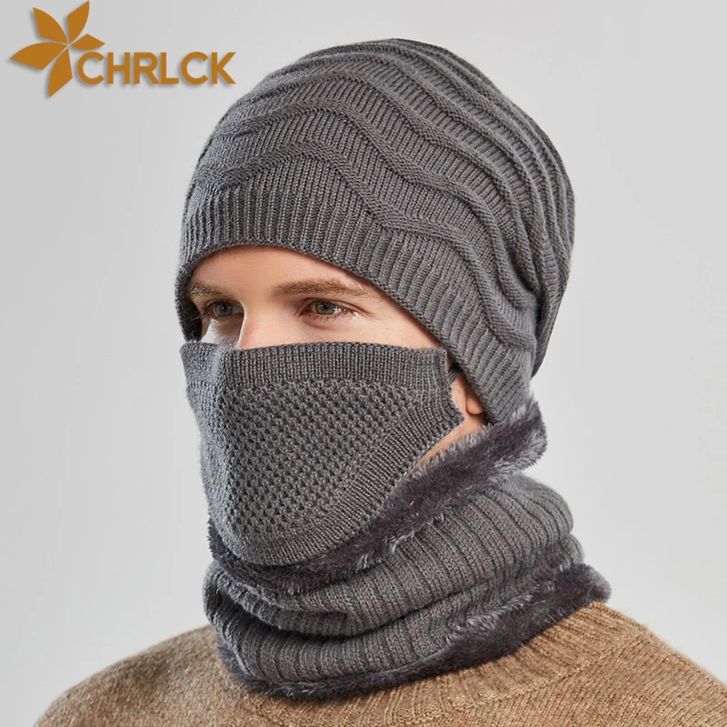 Bonnet d'hiver pour homme, bonnet tricoté chaud et écharpe avec doublure  polaire. Grijs