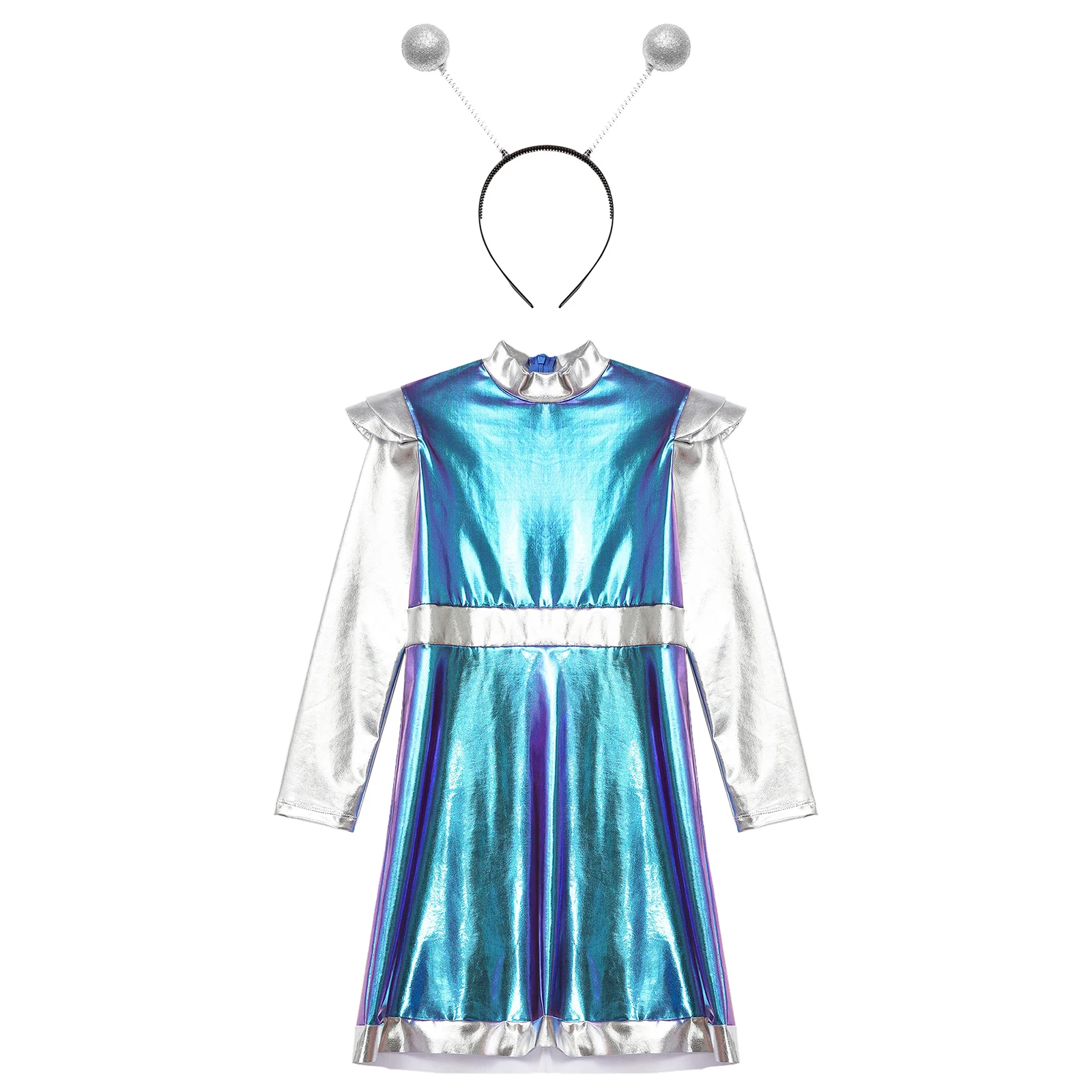 Kids Girls Alien Robot Astronaut Costume Long Sleeve Shiny Metallic Halloween Cosplay Fancy Dress with Hair Hoop Outfits