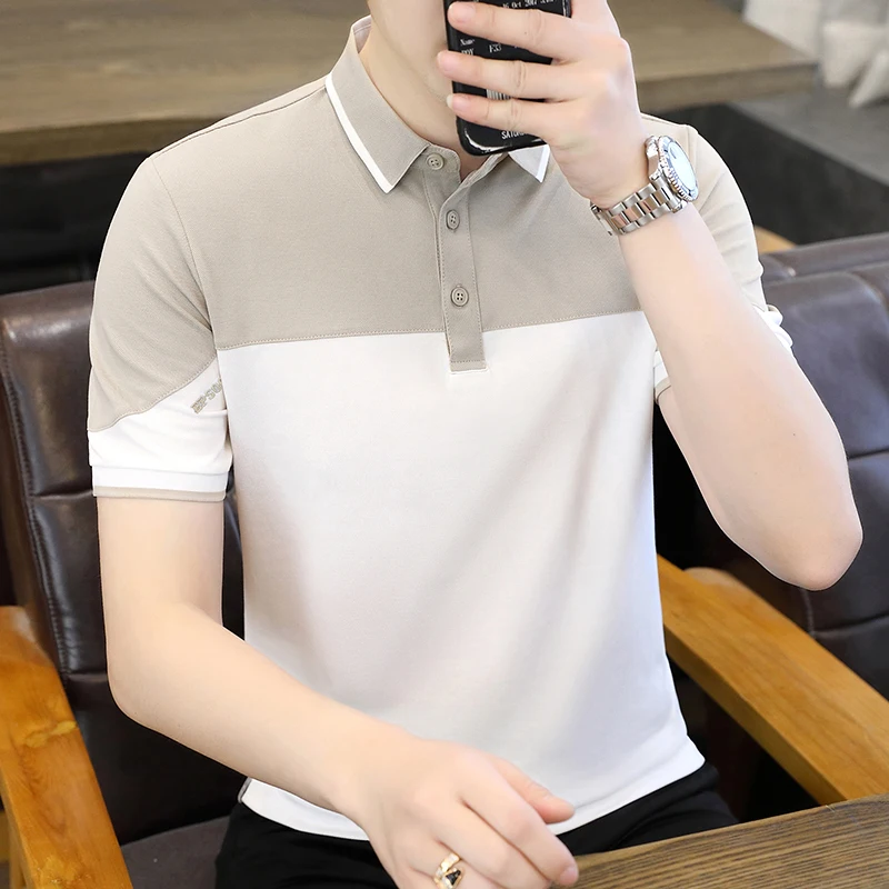 

Hot Summer Men Ice Silk Thin Polo Shirt Panelled Lapel Button Embroidery Korean Casual Loose Fashion Versatile Short Sleeve Top