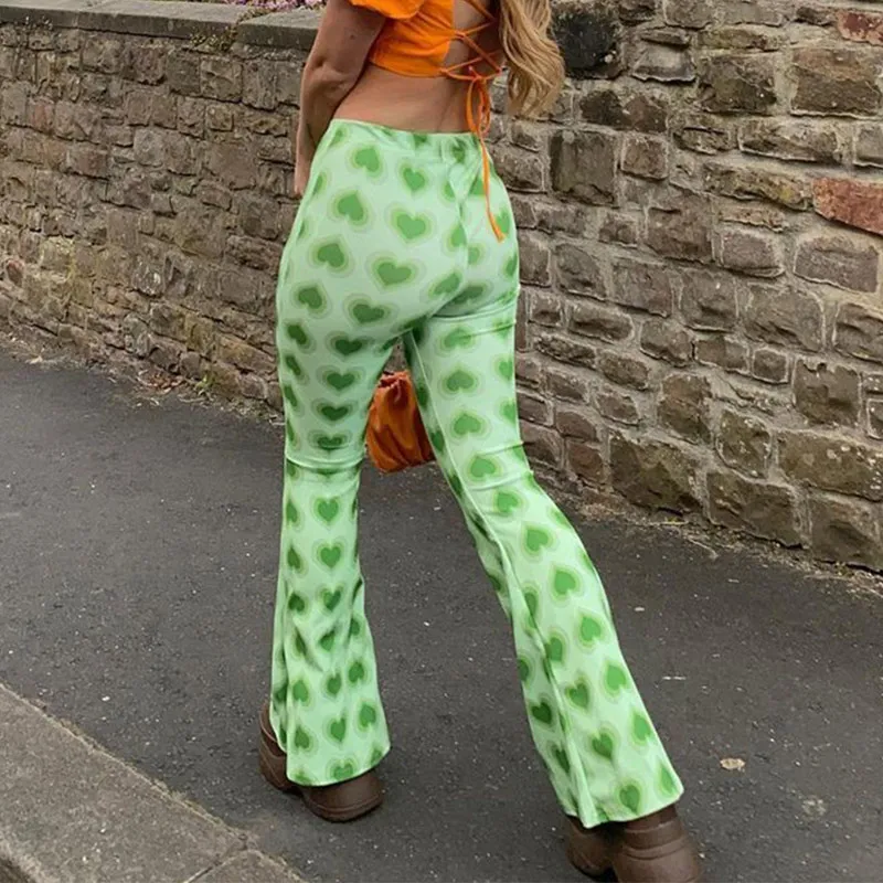 Women's High Waist Slim Flare Pants  Summer Fashion Green Wide Leg Trousers y2k Female Ladies Streetwear Love Long Trouser