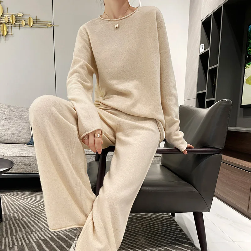 SZDYQH 100% Merino Wool Suit Autumn/Winter New Fashion Two-Piece Set Women's Round Neck Pullover Casual High Waisted Pants Suit 5
