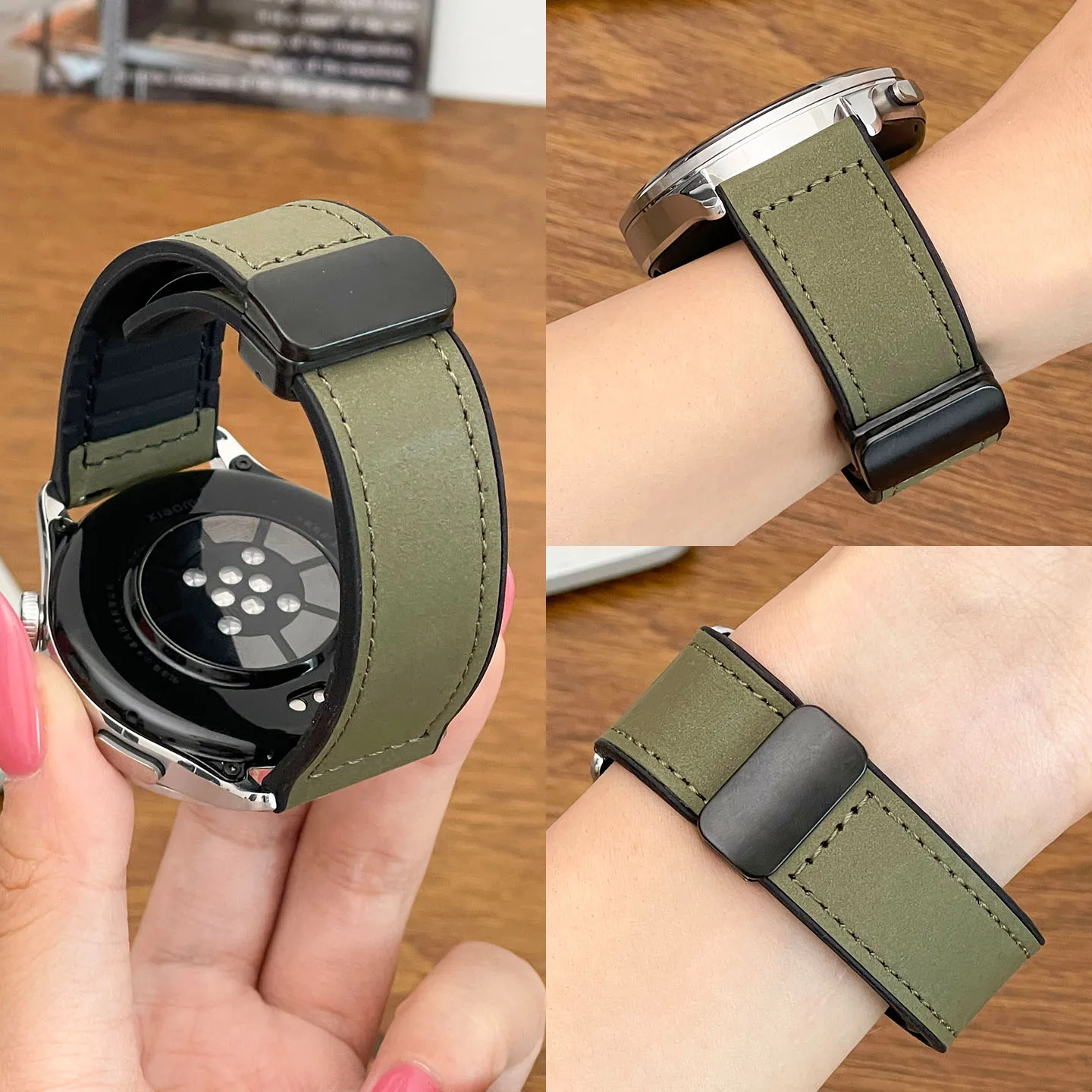 Magnetic Leather-Silicone Hybrid Watch Band