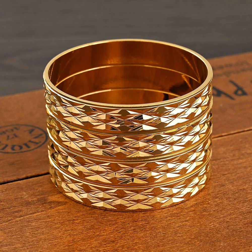 4Pcs 18k 8mm Width 45MM 55MM 65MM 70MM Dubai Baby Cute Bangles For Girl Jewelry Gold Color Bangles Girls Birthday Jewelry Gifts