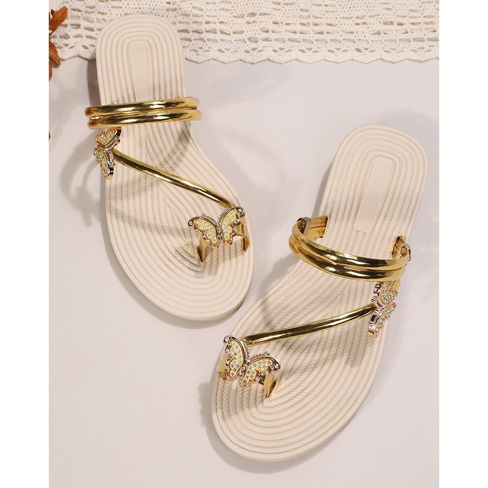 Summer Women Butterfly Pattern Multi Strap Beach Slippers Casual Beach Outdoor Sandals Shoes Femme Going Out Summer Flats Shoes