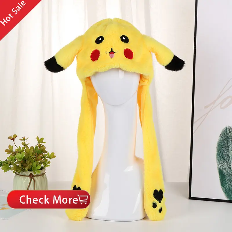 Pokemon Pikachu Plush Hat Kawaii Cartoon Pikachu Bunny Ears Hat Flashing Ear Moveable Plush Doll Creative Birthday Gift For Girl