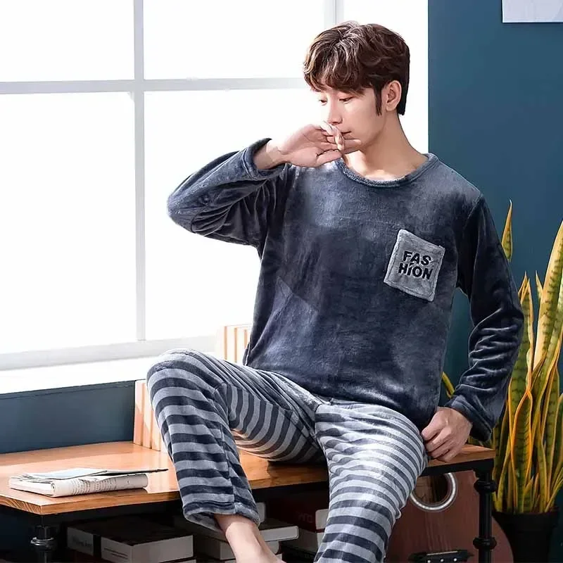 

Sleeve Top Long Autumn Male +pant Pajamas Men's Set Leisure Warm Sets New Style Sleepwear Flannel Winter Pajamas Thicken 2023