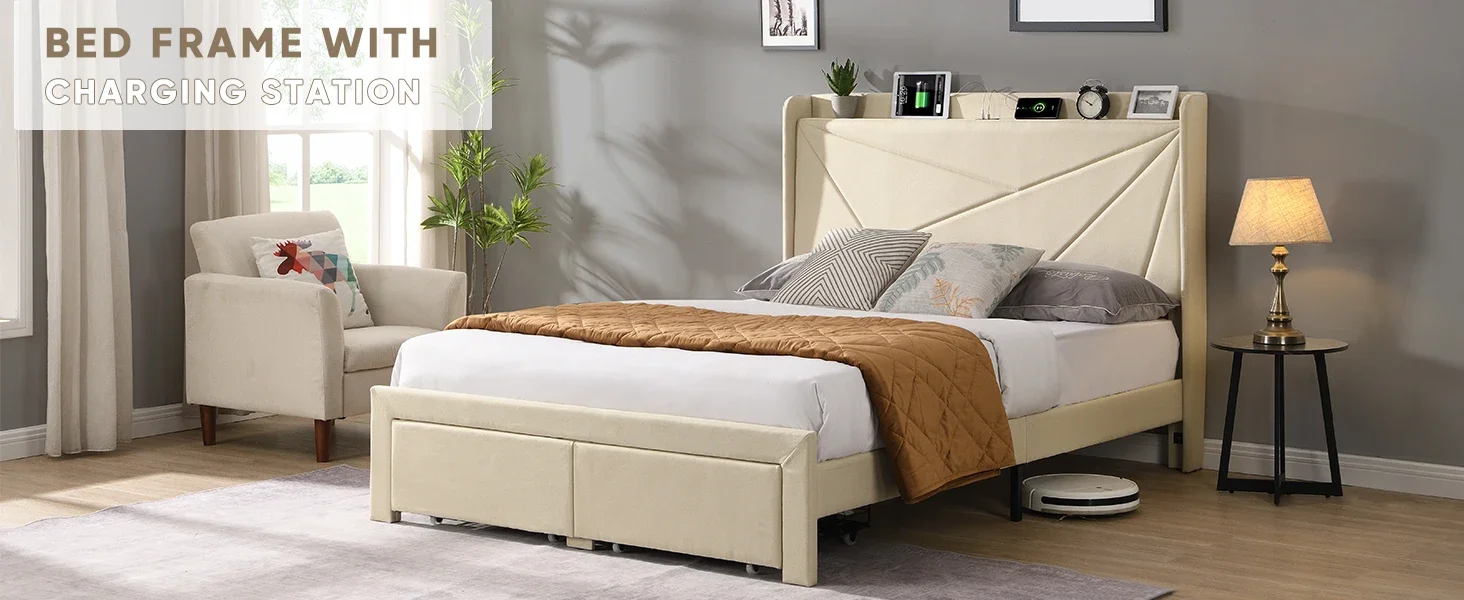 

Queen Size Bed Frame with 2 Storage Drawers, Upholstered Bed Frame with Wingback Headboard Storage Shelf Built-in USB Charging S