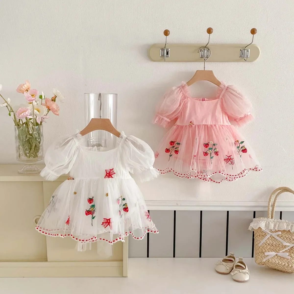 Summer New Bubble Sleeve Bib Overalls Baby Girl Embroidered Butterfly Knot Net Princess Skirt Hundred Days Outdoor Clothes