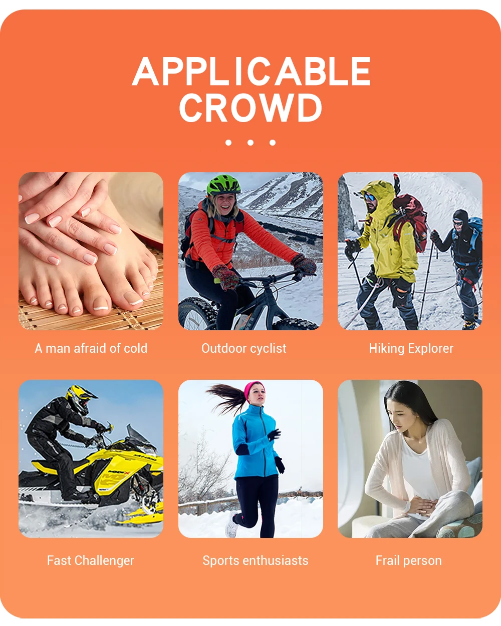 A poster with the words applicable crowd on it featuring built-in heaters for instant foot and toe warmth.