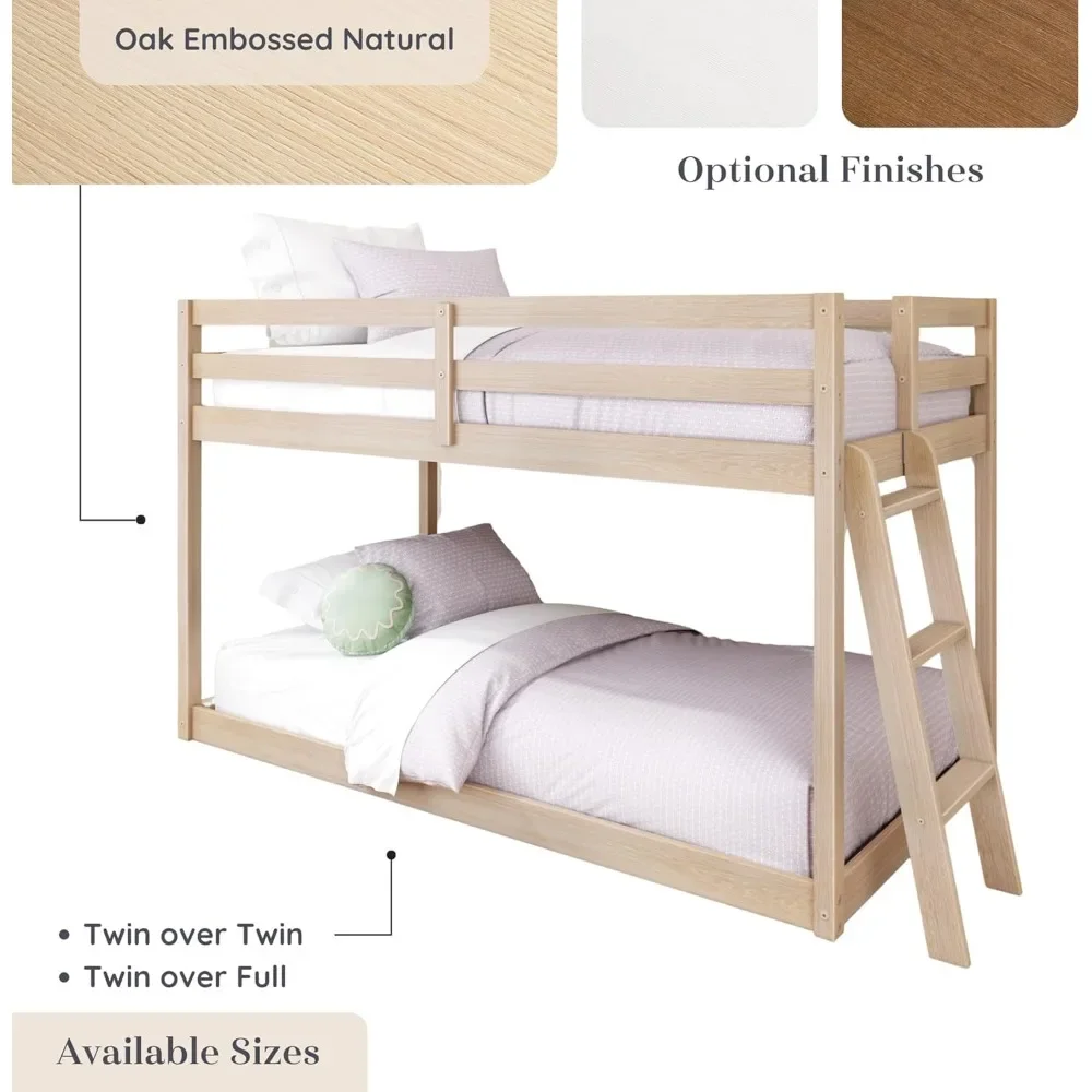 NEW-Grain & Grove Bear Twin Over Twin Bunk Bed, Low Bunk Bed Frame for Kids, Bunk with Ladder, Guardrail and Slats, No Box Sprin