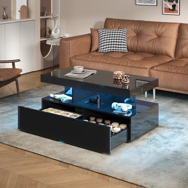 Table basse Rosahqnda avec éclairage LED et 2 tiroirs, éclairage LED réglable, table basse de salon à haute brillance, 104x53x46cm 1
