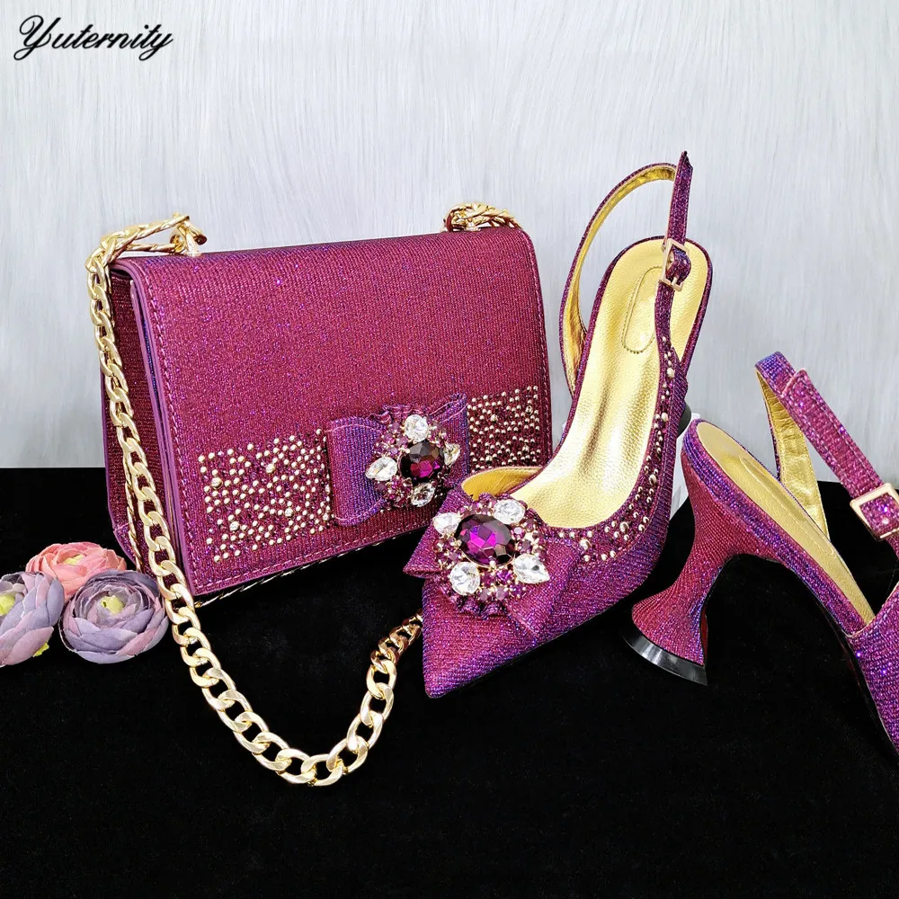 

Latest Italian Rhinestone Woman Shoes And Bags To Match Set Nigerian Summer Low Heels Shoes And Purse Set For Party Dress