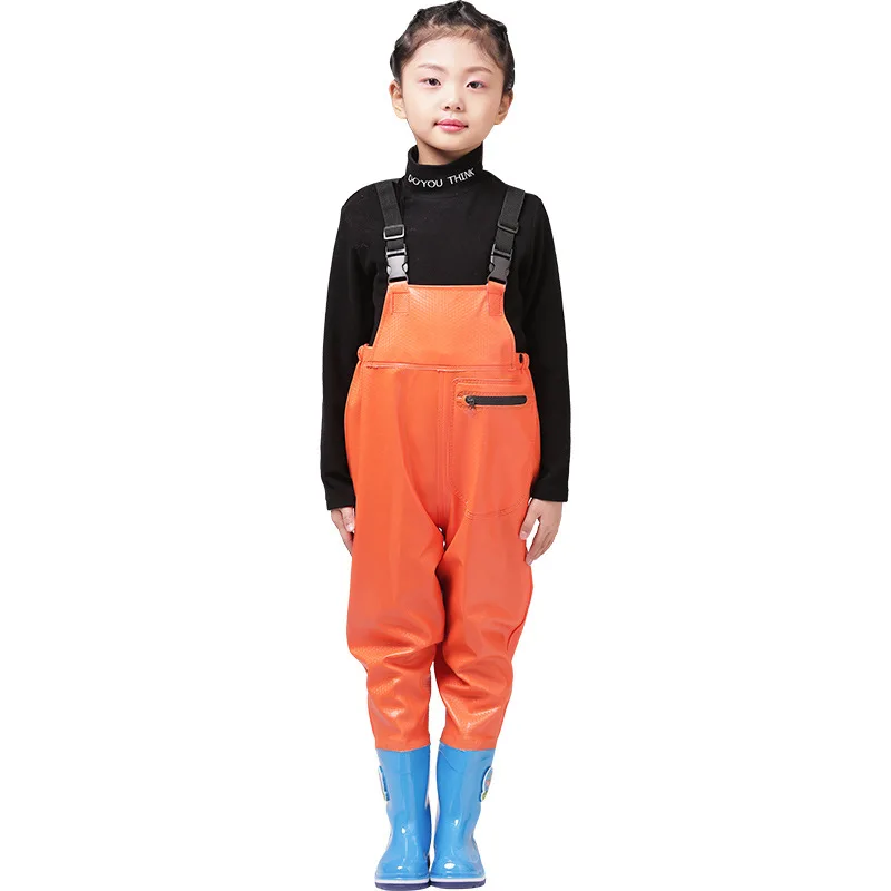 Fishing Chest Waders with Boots for Kids Outdoor Activities Girls Boys PVC  Rain Pants+Waterproof Bootfoot, Max Foot 22cm(8.65in)