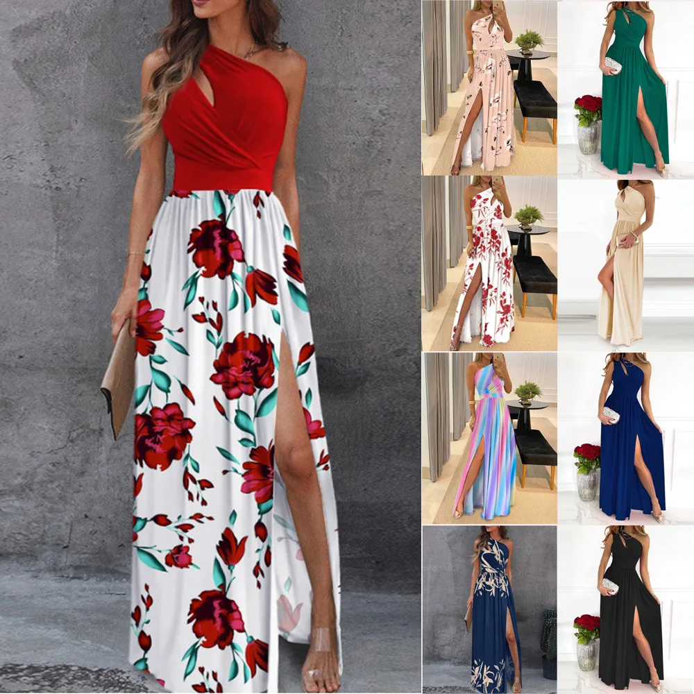 

2024 Summer New Oblique Shoulder Long Dress Temperament Sleeveless Sexy High Waist Slit Dress Personality Women's Clothing