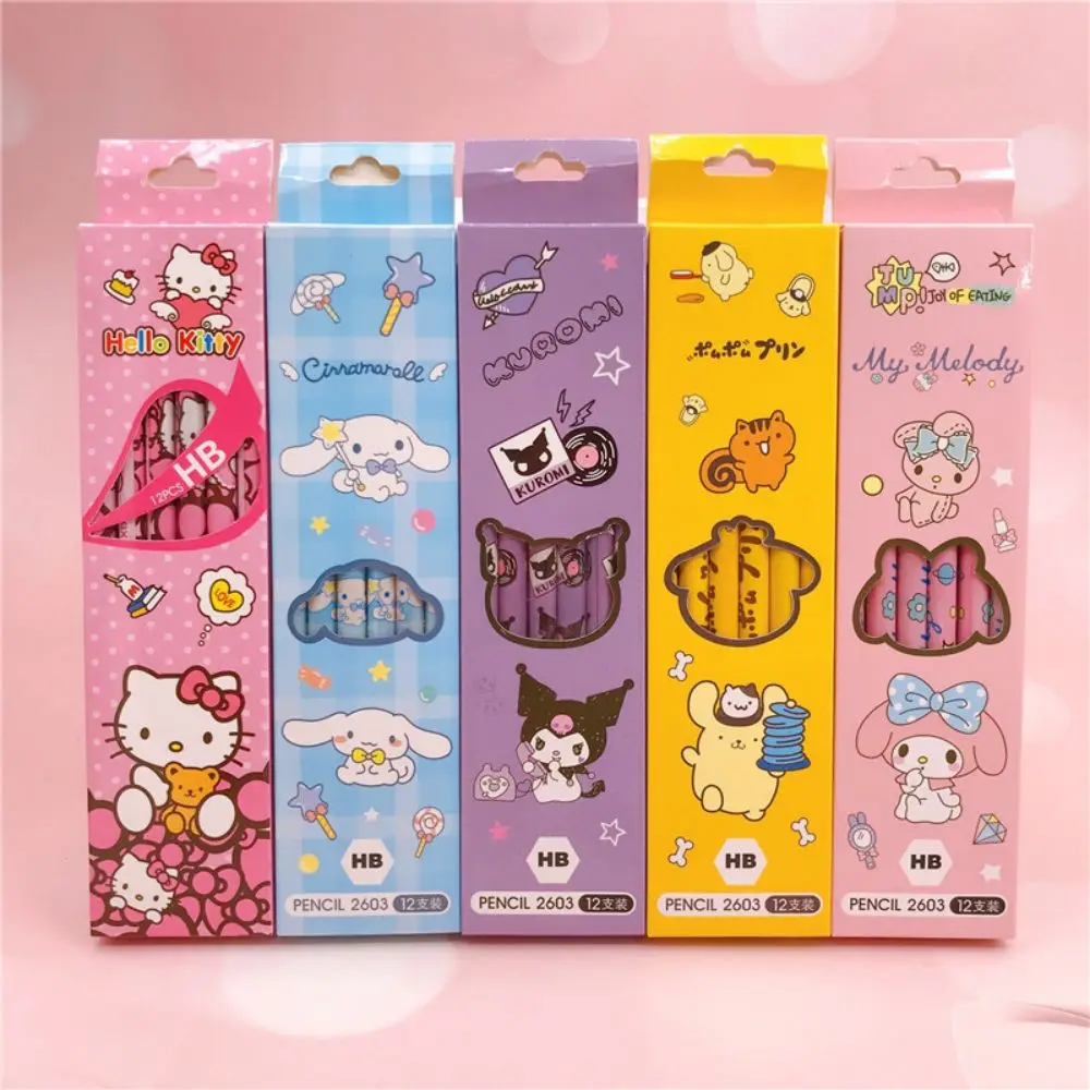 

12pcs/ Box Sanrio Cartoon Pencils My Melody Kuromi Primary Students Stationery HB Black Write Draw School Kids Boxed Pen Gifts