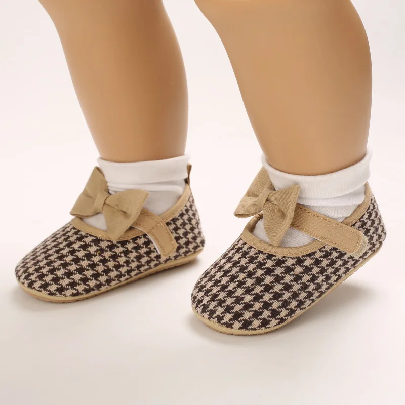 

Spring Autumn Newborn Baby Girl Shoes 0-18M First Walkers TPR Sole Nonskid Houndstooth Bow Infant Toddler Shoes 1 Year Girl