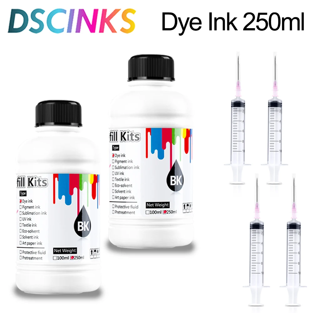 250ml Universal Dye Ink BK C M Y Kit Compatible For HP Canon Epson Brother Deskjet Inkjet Printer Tank Cartridges CISS