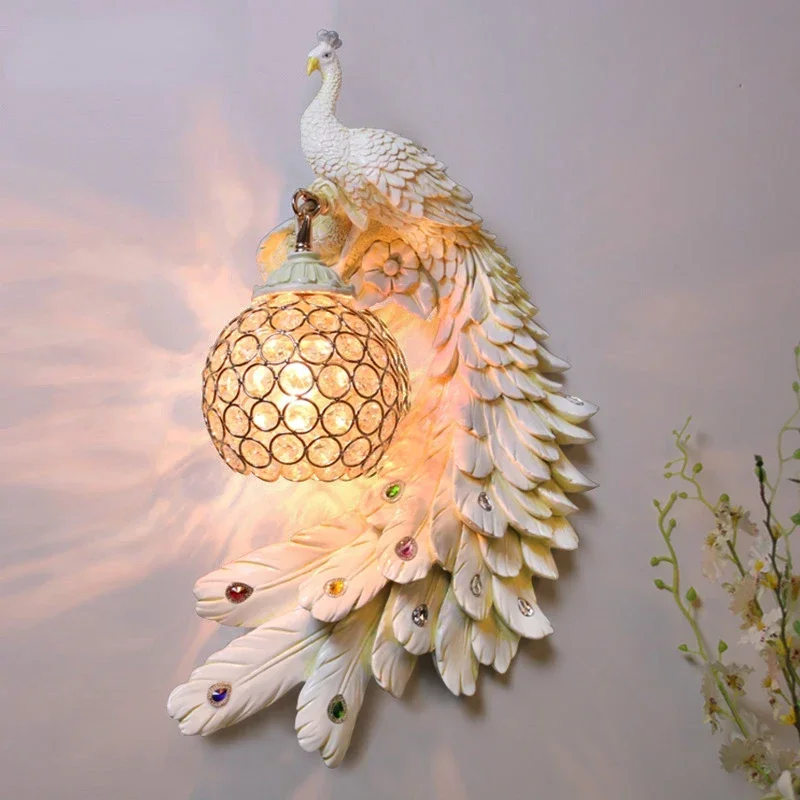 

Creative Peacock Wall Lamp European Style Living Room Background Wall Stairs French Entry Lux Decoration Bedroom Bedside Lamp