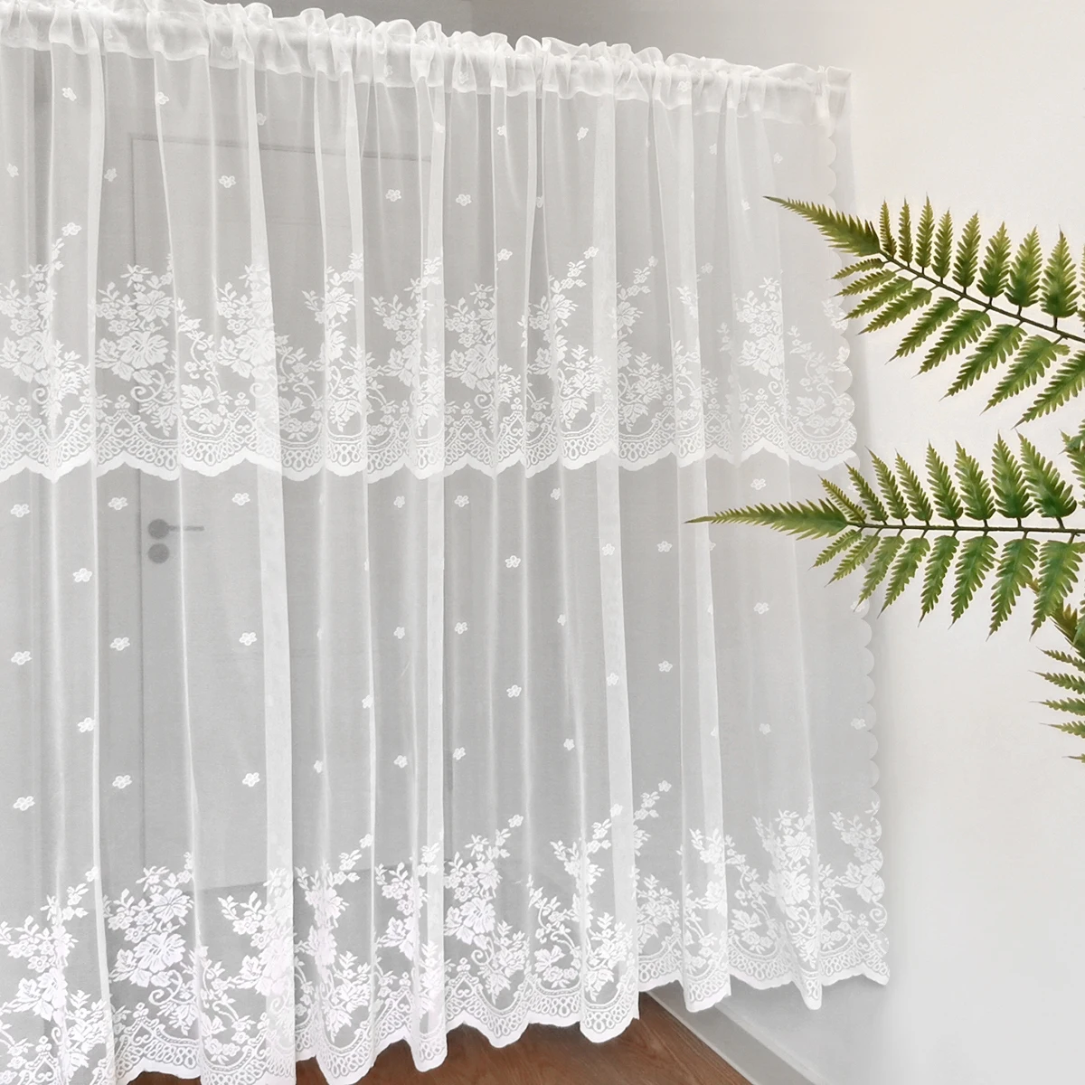 WUBODTI White Sheer Lace Window Valance - 63\" W X 24\" H, Floral Embroidery, Voile Cafe Curtain For Kitchen, Dining Room - View #11