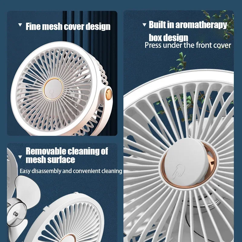 Five Gear Adjustable Desktop USB Rechargeable Lighting Fan Wall Mounted Office Aromatherapy Electric Fan for Home Office Outdoor