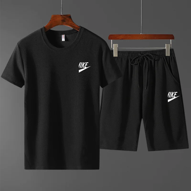 Trendy summer outdoor sports set, men's short sleeved T-shirt shorts, casual and fashionable two-piece set, sweat absorbing and