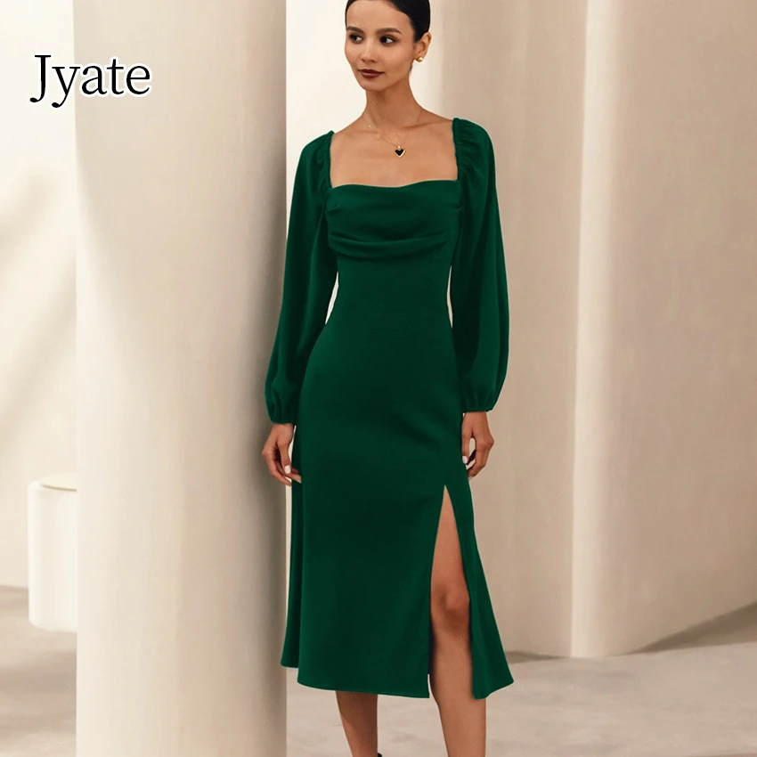

Jyate Elegant Square Neck Women's Dress Autumn New Satin Puff Sleeve Mid Length Dresses Waist Split A-line Dress Woman Clothes