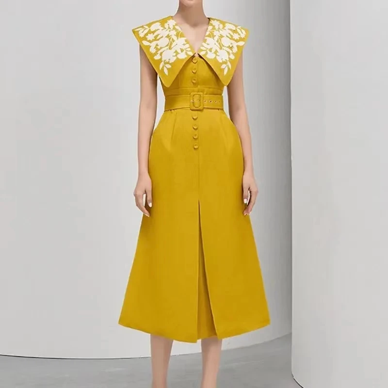 

Luxury New 2023 New Summer Women Vintage V Neck Sleeveless Hook Flower Designer Slim Front Slit Fishtail Dresses