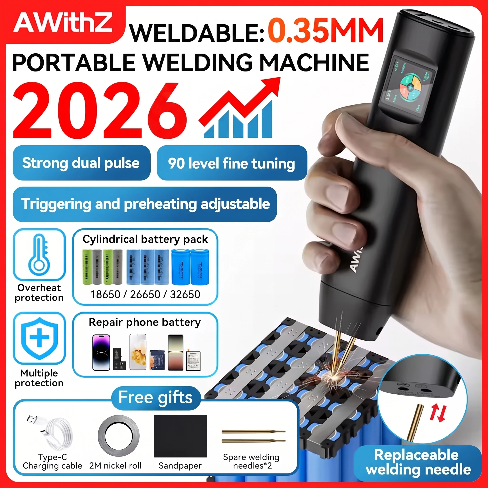 AWITHZ Portable Spot Welder DIY Handheld Welding Machine 90 Gears, Adjustable Spot Welding for 18650 Lithium Battery