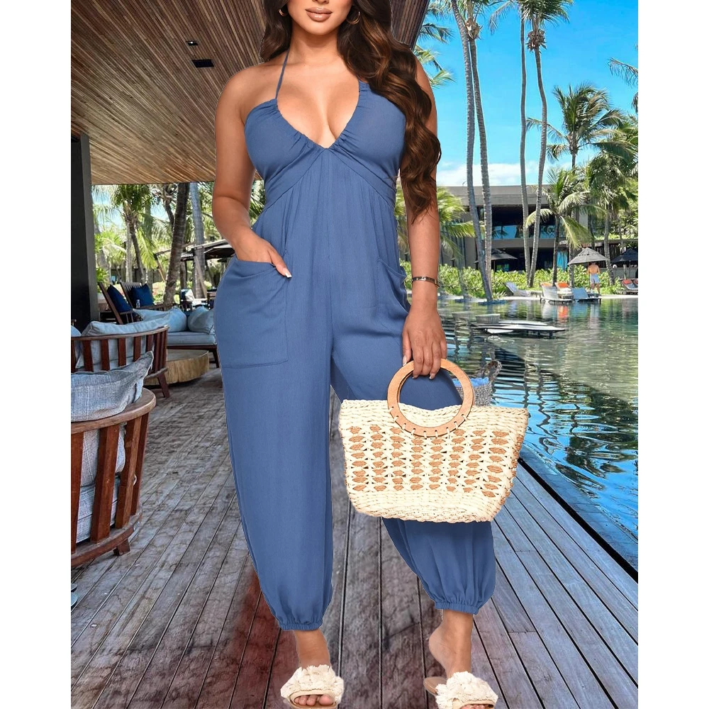 Women Backless Halter Pocket Design Cuffed Jumpsuit Sleeveless Overalls Summer Female One-pieces Casual Outfits Elegant y2k