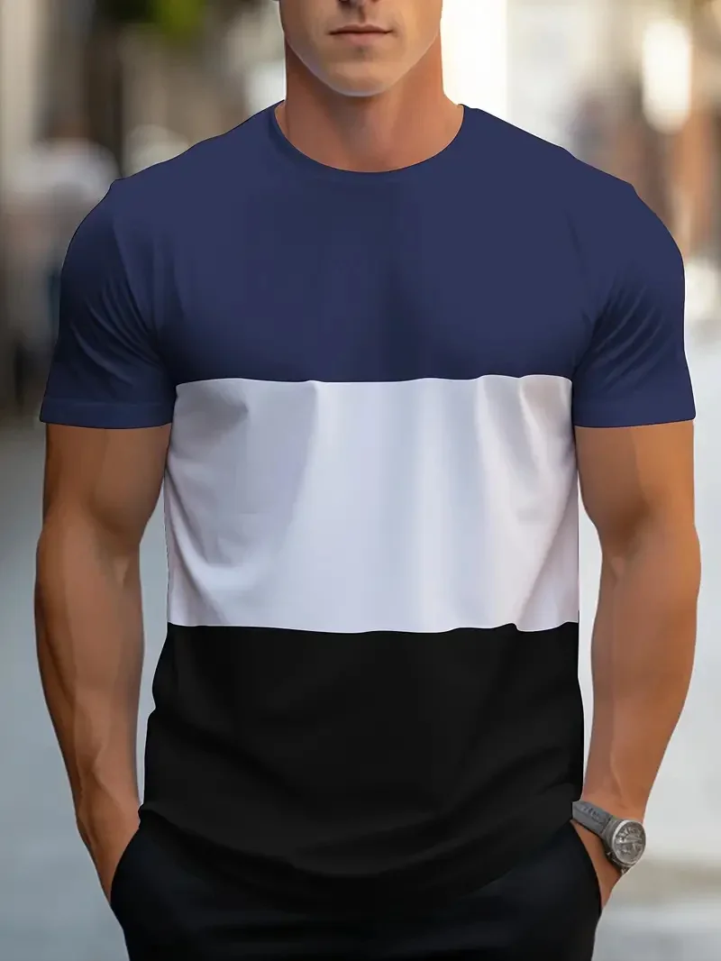 Summer Fashion Tri-color Geometric Pattern 3D Printed Embroidery Men's T-shirt Quick-Dry