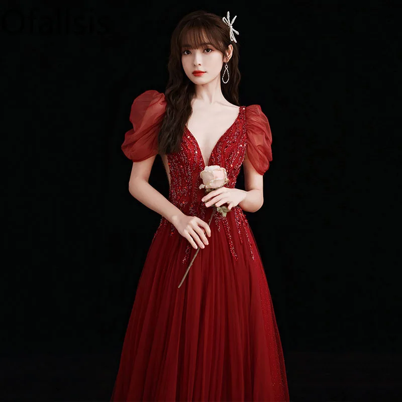 

Ofallsis V neck Puff Sleeve Toast Dress Bride 2024 New Autumn Elegant Engagement Slim Fit Light Wedding Dresses Female Vestidos