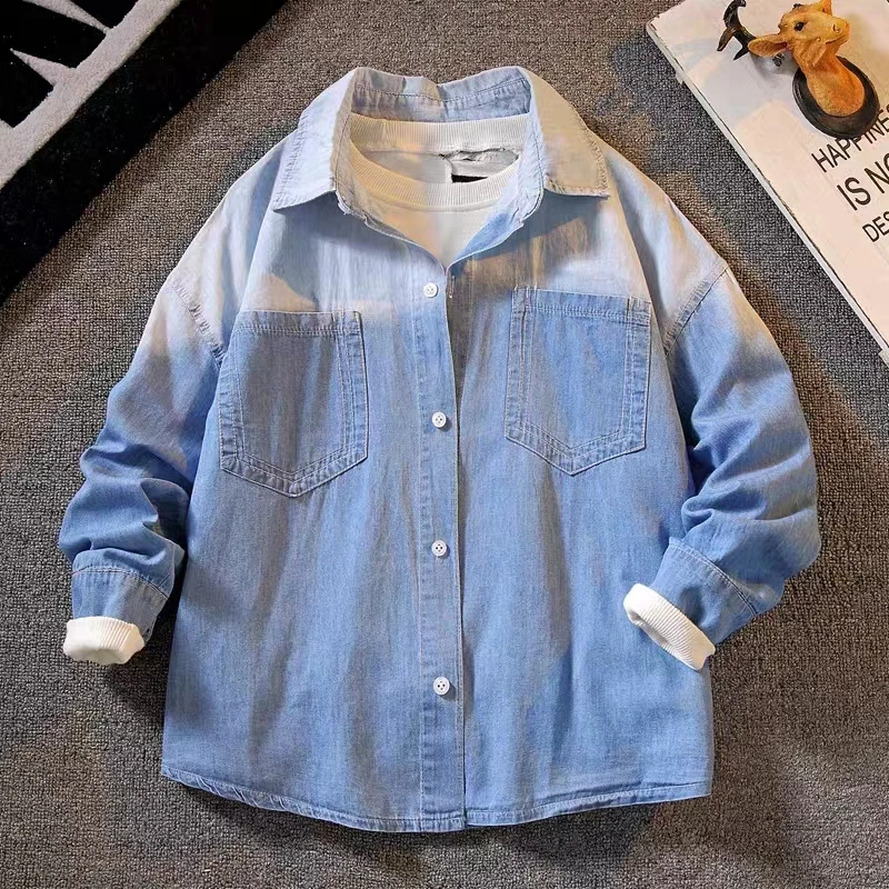 

Boys Denim Shirt Gradient Color Fall Spring Turn-down Collar Clothes for Teenager Kids Cotton Jean Shirt School Children Tops