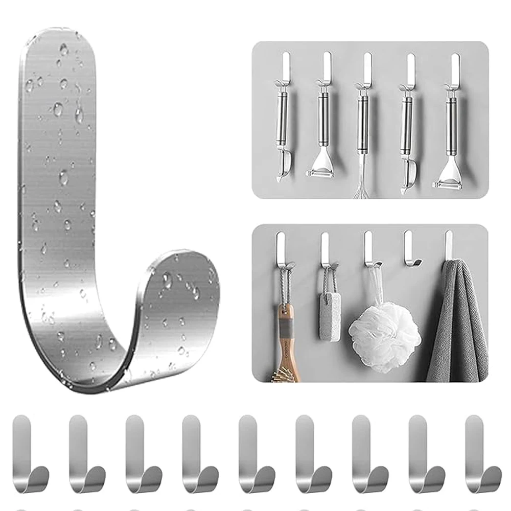 5PCS Self Adhesive Strong Wall Hooks Stainless Steel Heavy Duty Shower Hook Towel Hook Door Hanger Kitchen Bathroom Accessories
