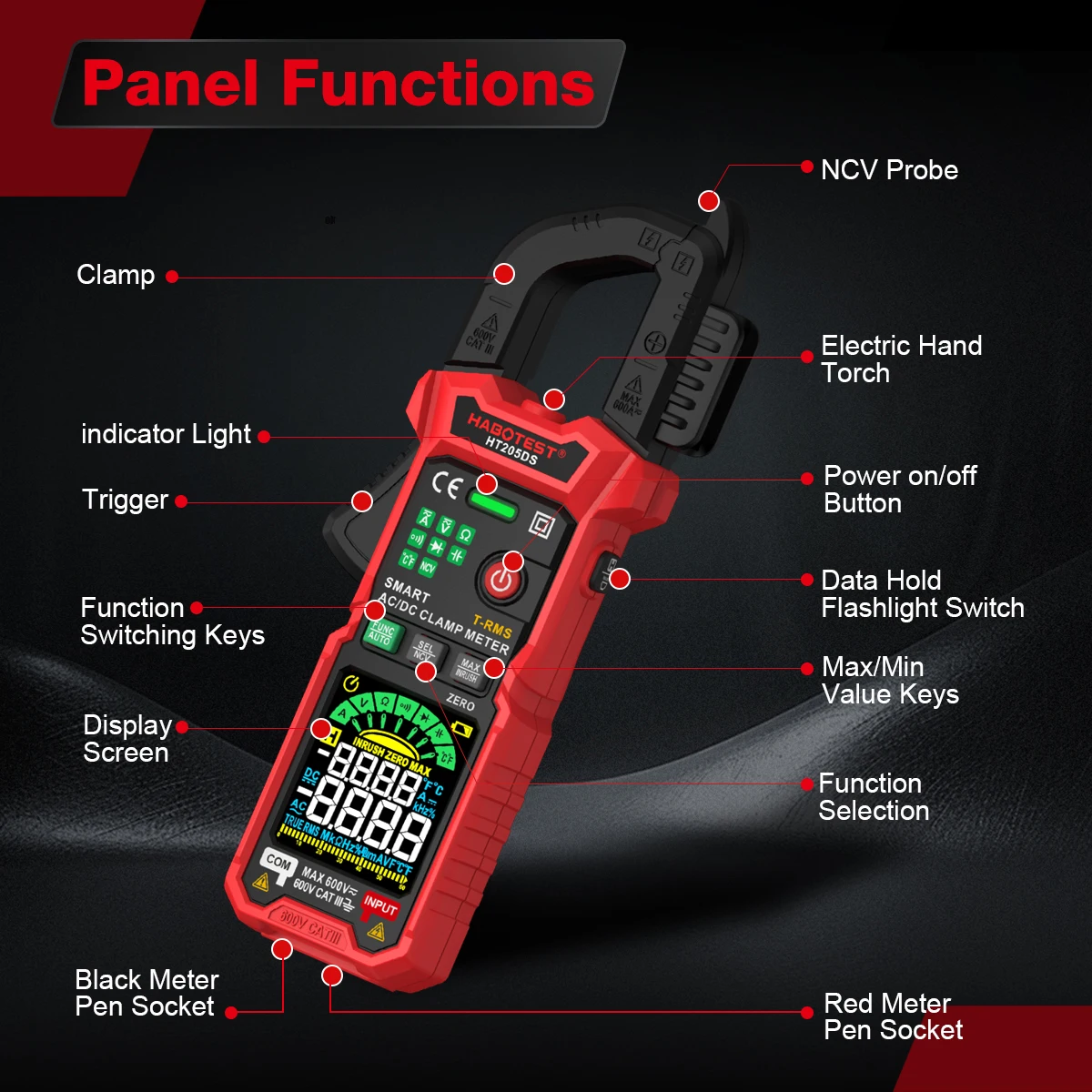 HT-205DS 트루 RMS 디지털 클램프 미터 600A AC DC 전류 멀티미터 NCV 전압계 저항 커패시턴스 온도 테스터 자동 측정기