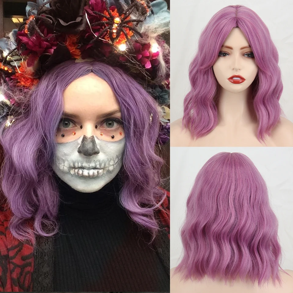 

Short Purple Wig Synthetic Wig Wavy Middle Part Wig Heat Resistant With Bangs For Women Natural Look Daily Use