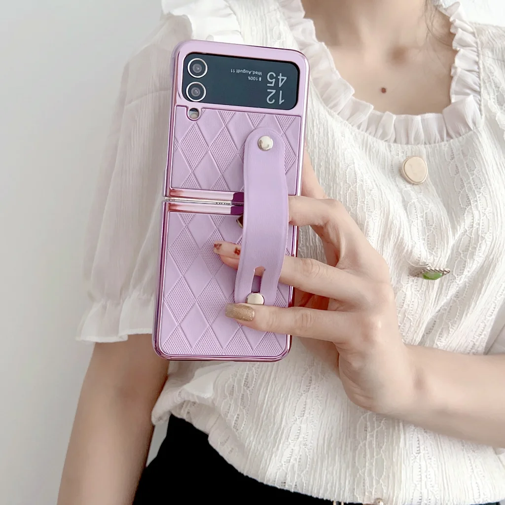 Leather Case for Samsung Galaxy Z Flip 3 4 5G Holder Shockproof Protective Cover with Camera Lens Protection Plating Frame