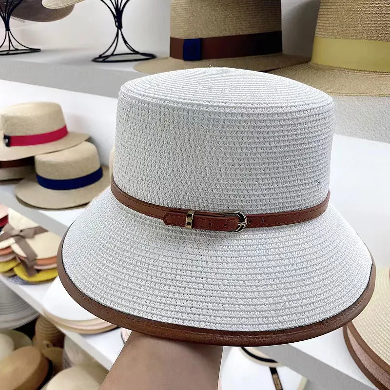 

New Summer Paper Straw Hats For Women Men Flat-top Wide Brim Fedora Hat Belt Decoration Outdoor Fisherman Bucket Hat Basin Caps