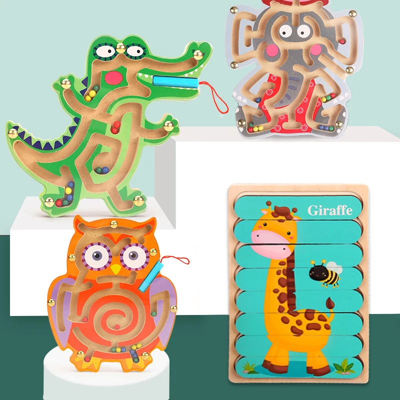 wooden puzzles magnetic puzzle toys wooden toys puzzle toys Baby Montessori Toys Kids 2 to 4 Years Old Learning Educational Toys Children Magnetic Maze Busy Board Wooden Puzzle Game